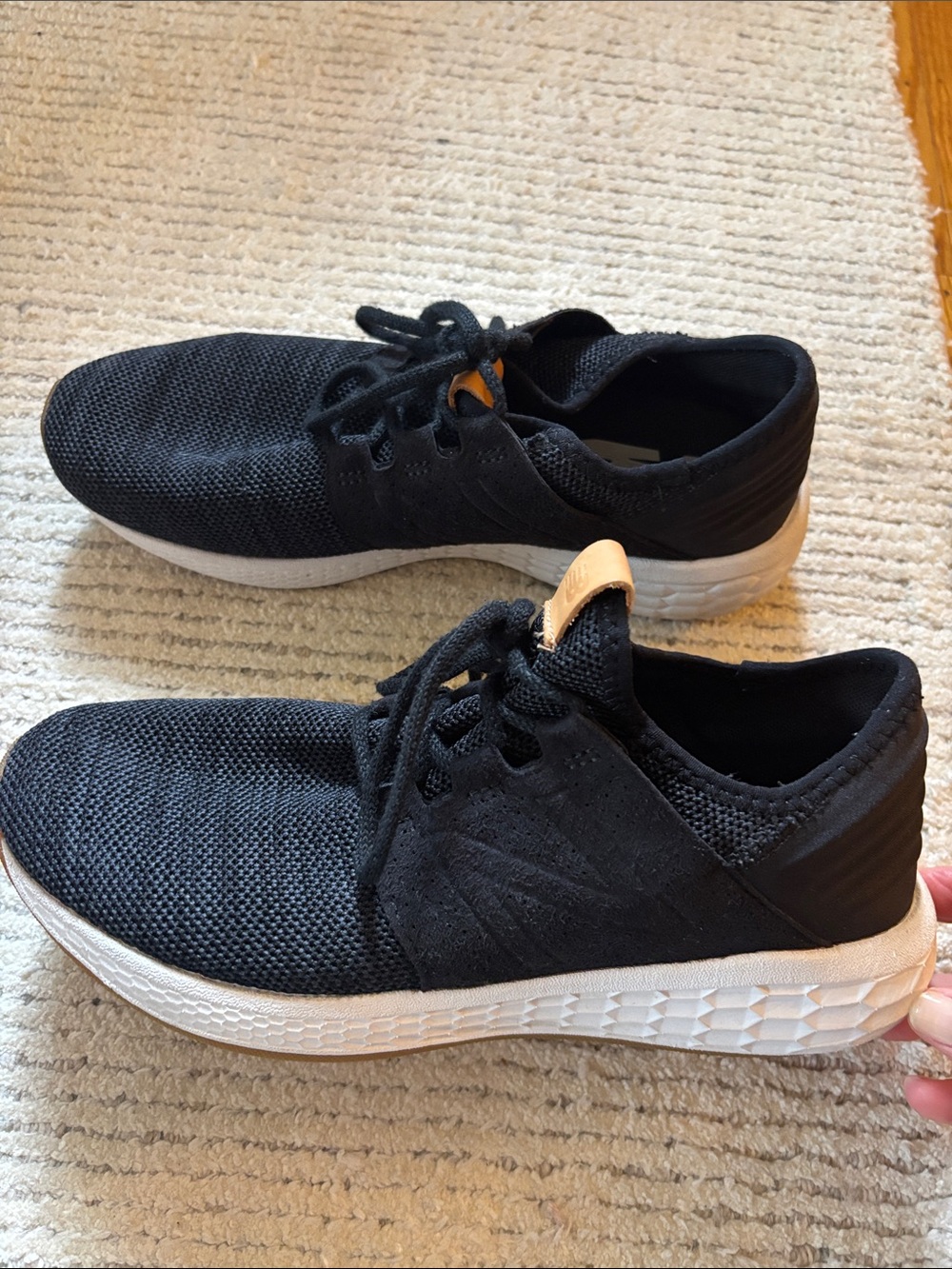 New Balance Black Knit Women’s Sneakers with White Midsole and Tan Tongue Tab